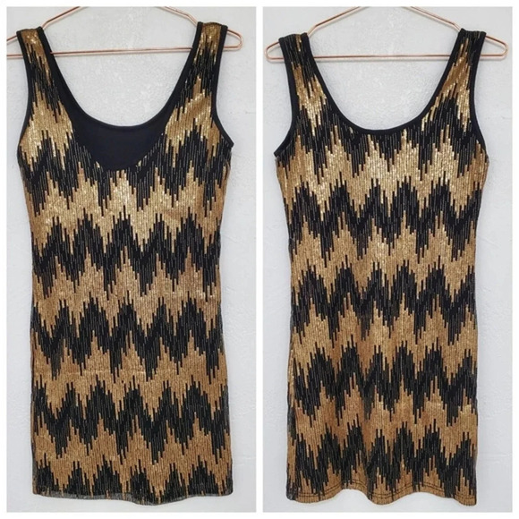 MINKPINK | Gold Sequin Metallic Chevron Bodycon Dress - Picture 1 of 8